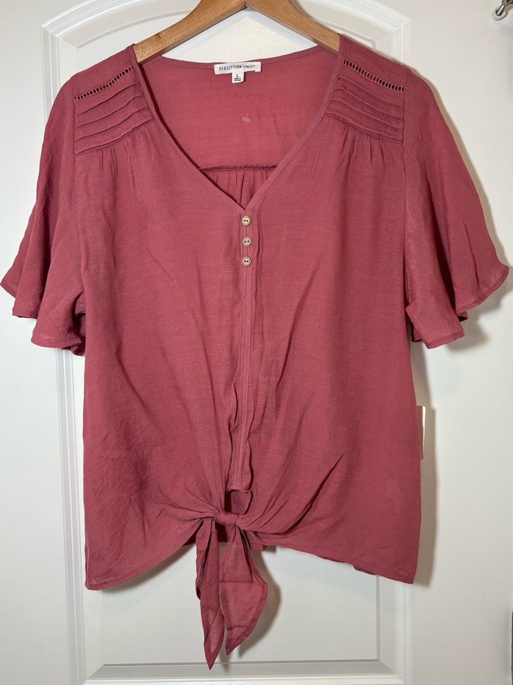 PerSeption Concept Dusty Rose Tie-Front V-Neck Blouse